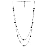 COOLSTEELANDBEYOND Schwarz Statement Halskette Zwei Strang Lange Kette mit Transparente Kristall Perlen Charme Anhänger, Modisch Abendk