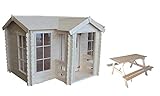 TIMBELA M520 (+M018 Kinderpicknickbank) Das Set aus Kinderspielhaus aus Holz und Kindersitzgarnitur aus Holz - Spielhaus im Freien für Kinder - B235xT175xH153 cm/2.63m2 Gartenspielhaus mit V