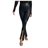 YANGQI Damenhose Schwarz Elegant Hoher Bund Glänzend High Waist Patchwork Schlitz Bodycon Club Lederhose Kunstleder Freizeithose Mode Elegant Push Up Sexy Legging