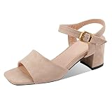 MJIASIAWA Damen Block Mitte Absatz Mode Sandalen Knöchelriemchen Arbeit Kleid Schnalle Offene Zeh Komfort Hochzeit Schuhe Beige Gr 31 EU