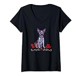 Damen Día de los Muertos Day of Dead / Chihuahua Hund Rosen T-Shirt mit V