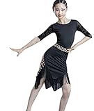 ZYLL Tanzkostüme für Mädchen 2021 New Latin Dress Quaste Rock Short Long Sleeve Print Team Stage Competition Performance,B,XL
