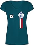 Fussball WM 2022 Fanartikel - 12. Mann England Emblem - XL - Türkis - Fußball - XO1525 - Damen T-Shirt mit V