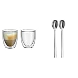 WMF Kult doppelwandige Cappuccino Gläser Set 2-teilig, doppelwandige Gläser 250ml, Schwebeeffekt, Thermogläser, hitzebeständiges Teeglas & Nuova Joghurtlöffel Set 2-teilig, lange Löffel 19