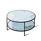 Glass Coffee Table with Large Storage Space, runder moderner Wohnzimmertisch mit Glasplatte, Kaffeetisch, Metallgestell, einfacher Aufb