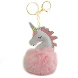 IMAGO Schlüsselanhänger Einhorn mit Bommel, Taschenanhänger, Kofferanhänger mit Glitzer Steine für Damen und Kinder Unicorn Plüsch Pompom,