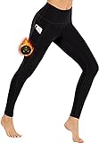 Ewedoos Thermo Leggings Damen mit Taschen mit Innenfleece Thermo Laufhose Thermounterwäsche Damen Winter warme Sporthose Damen Sport Leggings Damen High Waist für Fitness Laufen Wandern (Schwarz, M)