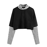 Damen Crop T-Shirt Rundkragen Langarmshirt mit Kontrast Paspel Langarm Obterteil Tops S