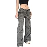 Yokbeer Damen Aesthetics Vintage Jeanshosen Straight Wide Leg Schlaghose Y2k Indie Denim Cargohose Low Waist Jeans 90er Streetwear (Color : Gray, Size : M)