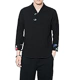 Shirt Herren V Ausschnitt Drucken Spleißen Langarm T-Shirt Herren Vintage Chinesischer Stil Lässig Shirt Herren Loose Komfortabel Atmungsaktiv T-Shirt H
