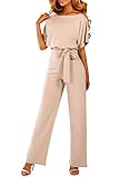 SIDEFEEL Sommer Lang Jumpsuit Damen Elegant Kurzarm Rundhals Playsuit mit Gürtel Hosenanzug Breite Weites Bein Overall für Hochzeit Business Festlich (1 Aprikose, S)