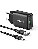 UGREEN 18W USB Schnellladegerät Quick Charge 3.0 USB Netzteil mit USB C Ladekabel 3A Ladegerät kompatibel mit Galaxy S10 S9 S8 S7 A20e A21s A51 A40, Xperia 10 II, Redmi Note 9, Huawei P20 lite usw