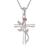 BlingGem Ketten Damen aus Weißgold vergoldet 925 Sterling Silber mit Rundschliff Zirkonia Kreuz Rosen-Blume Anhänger Halskette Frauen,18 I