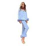 Damen Pyjamas Für Winter Frauen Weiche Sexy Hauskleidung Set Bequeme Party Zweiteilige Feder Casual Bowknot Feder Bademantel Schlafanzug Einfarbig Button-Down Plus Size Damen Pyjama-Anzug