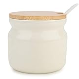 Chase Chic Keramische Zuckerdose, Porzellan-Zuckerdose mit Holzdeckel und Porzellanlöffel 230 ml(7.7oz), Anzug für Kaffeebar, Küche und Frühstück zu Hause, Beig