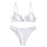 ZAFUL Damen Spaghetti-Träger V Cut Bikini Set Solide Badeanzug Weiß S