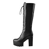 Only maker Damen Kniehohe Schnürsenkelstiefel mit Reißverschluss und Plateau Schwarz Black EU 38