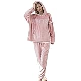 Schlafanzug Unisex Fleece Nachtwäsche Set Winter Flanell Sleepwear Zweiteiliger Weich Kapuzenpullover + Hose mit Tasche Warme Kuschelig Plüsch Hausanzug Damen Herren OversizePyj