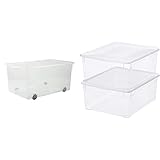 Rotho Clear Aufbewahrungsbox 63l mit Deckel und Rollen, transparent, 63l (71,5 x 40,0 x 33,5 cm) & Clear 2er-Set Aufbewahrungsbox 18l mit Deckel, transparent, 2 x 18l (40,0 x 33,5 x 17,0 cm)