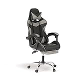 Trintion Gaming Stuhl Bürostuhl Sportsitz Ergonomischer Gaming Sessel Drehstuhl mit Kopfstütze Lendenkissen Einziehbare Fußstütze und Einstellbare Sitzhöhe PU-Leder Schreibtischstuhl (Schwarz Grau)