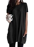 HAPPY SAILED Damen Top Schwarz Lang Einfarbig T Shirt Kurzarm Oberteil Loose Shirt Casual Tunika Tops Mit Tasche XXL