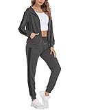 Parabler Jogginganzug Damen Set Tracksuit Trainingsanzug Zweiteiler Sport Set Sportanzug Fitness Polyester Taschen Kapuze Grau XXL