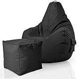 Green Bean© 2er Set Sitzsack + Hocker - fertig befüllt - robust waschbar schmutzabweisend - Kinder & Erwachsene Bean Bag Bodenkissen Lounge Sitzhocker Relax-Sessel Gamer Gamingstuhl Pouf - Schw