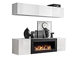 Moderne Wohnwand mit Kamin Bioethanol Flyer N1, Elegante Anbauwand mit Kamineinsatz, Schrankwand, Wohnzimmer-Set, TV-Lowboard, Vitrine (Weiß/Weiß Hochglanz)