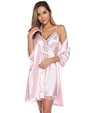 Sykooria Zwei Stücke Nachtwäsche Satin Morgenmantel Damen Sexy Kimono Damen Bademantel Kurz V Ausschnitt mit Gürtel und Babydoll Dessous Negligee Nachthemd Damen Sexy für Valentinstag, Pink S