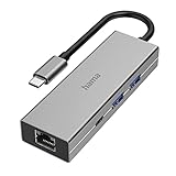 Hama USB C Hub 4 Ports (Multiport Adapter 1x LAN Gigabit Ethernet, 2x USB-A, 1x USB-C zur Übertragung von Daten und zum Laden mit PD, USB C Adapter 4in1 für Büro, Homeoffice und unterwegs)