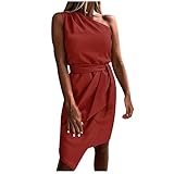 KIMODO One-Shoulder Freizeitkleider Strandkleider Einfarbig Damen T-Shirt Tunika Kleider Casual Lässiges Taillentasche Hüftkleid Sommerkleider (B-Rot, L)