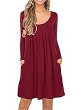 Moyabo Langarm T-Shirt Kleid Damen,Loses Pulloverkleid Rundhals Tunika Mini Kleid mit Taschen,Langärmelig Weinrot,XL