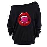 Damen Pullover Schulterfrei Langarmshirt Oversize Strickpulli Casual Oberteile Tops Valentinstag Love Print Langarm One Shoulder Sexy T-Shirt Top