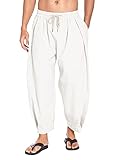 COOFANDY Herren Baumwolle Leinen Haremshose Kordelzug Casual Cropped Hose Leichte Lose Strand Yoga Hose mit Taschen, Weiß, M