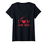 Damen Love Kreuzstich, Humor, Handarbeit, Mom T-Shirt mit V