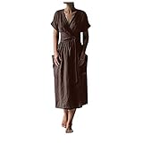 Damen Baumwoll Leinen Langes Kleid Lässig Einfarbig Kreuz V-Ausschnitt Kurzarm Kleid mit Taschen und Gürtel(XL,Kaffee)