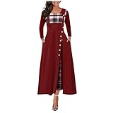 GFGHH Damen Kleid Lange Langes Ärmel Bedruckte Basic Herbst Winter Schlankes Kleid Freizeit Langarm Maxi Bohemian Kleid Lässiges Lose Rundhals Kariertes Kleid A-Linie Sw