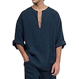 Shirt Herren Herbst Winter Trend Mode Oversized Ausgestellte Langarm Herren T-Shirt Modern Flachs Ethnischer Stil V Ausschnitt Einfarbig Herren F