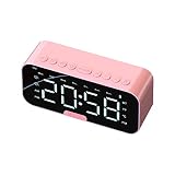fasloyu Tragbarer digitaler Wecker mit kabellosem Bluetooth-Lautsprecherspiegel LED-Display FM-Radio, wiederaufladbar, TF-Kartenwiedergabe, Aux, Telefonhalter (Pink)
