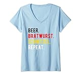 Damen Oktoberfest Lustiges Bier Bratwurst Schnitzel Wiederholung T-Shirt mit V