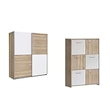 FORTE Winner Schwebetürenschrank mit 2 Türen, Sonoma Eiche Dekor + Weiß, 170.3 x 61.2 x 190.5 cm & Quadro Kommode mit 6 Türen, Holzwerkstoff, Sonoma Eiche/Weiß, 77.2 x 29.6 x 112.7