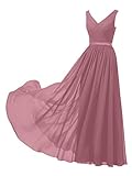 Alicepub V-Ausschnitt Chiffon Brautjungfernkleider Lang Maxi Formales Kleid für Frauen Party Abend Ärmellos - Pink - 40