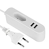 Electraline 70047, Elektrische Verlängerung/Europäischer Reiseadapter (Eurostecker Typ C) / Tragbares Schnellladegerät mit 2 USB 2.4A, 1.5M Kabel, Weib