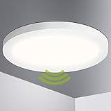 Lumare LED Deckenleuchte mit Bewegungsmelder 18W Extra Flach rund 1400lm 225mm IP44 Deckenlampe inkl. Bewegungssensor für Wohnzimmer Badezimmer Küche Flur Keller Wandleuchte Aufbau innen warmweiß