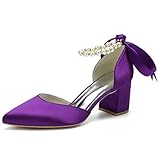 GGBLCS Frauen Hochzeitsschuhe Blockabsatz Perlen Knöchelriemen Pumps Satin Brautschuhe CG1608-28,Deep Purple,40 EU