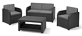 'Allibert by Keter' Modena Lounge Gartenmöbel Set 4teilig, mit Sitzkissen, für Garten, Terrasse und Balkon, grau, wetterfest, Sitzgruppe aus Beistelltisch mit 2 Sesseln und Zweisitzer G