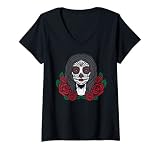 Damen Sugar Skull Mädchen Rosen Dia De Los Muertos Mexikaner Halloween T-Shirt mit V