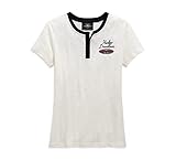 HARLEY-DAVIDSON Damen T-Shirt Henley Winged Logo Tee Shirt Kurzarm Oberteil für Frauen Rippstrick Knopfleiste Off-White, L