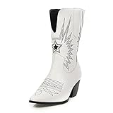 GKTF Damen Westernstiefel mit Blockabsatz Spitzen Zehe Cowboy Halbhohe Stiefel,Weiß,41 EU