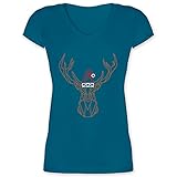 Weihnachten & Silvester Geschenke Party Deko - Weihnachtshirsch - weiß - L - Türkis - Hirsch - XO1525 - Damen T-Shirt mit V